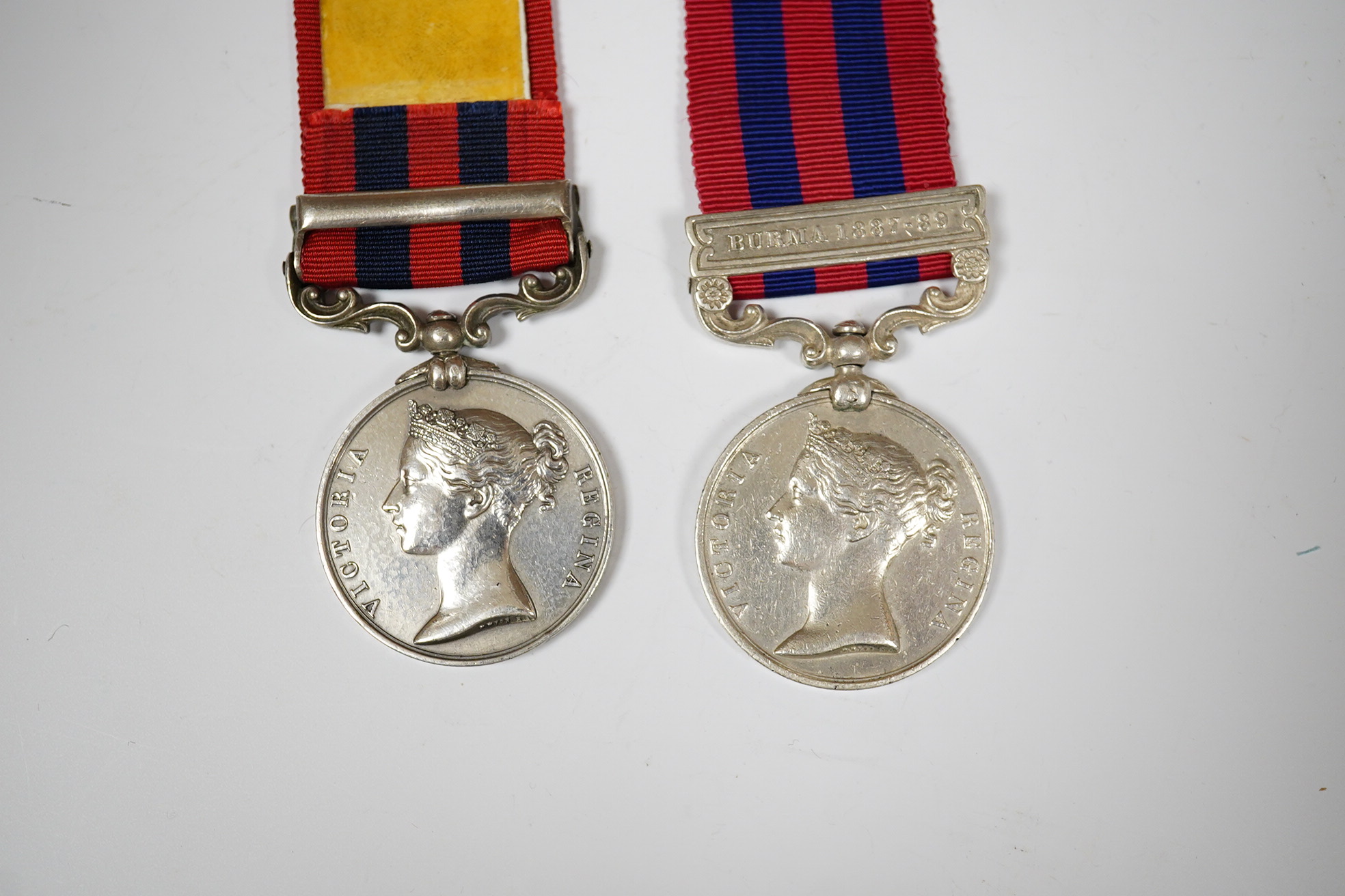 An India General Service Medal with Burma 1887-89 clasp Indian recipient, naming indistinct and another with Burma 1885-87 clasp to 15 Pte Mahomed Khan Milty Police